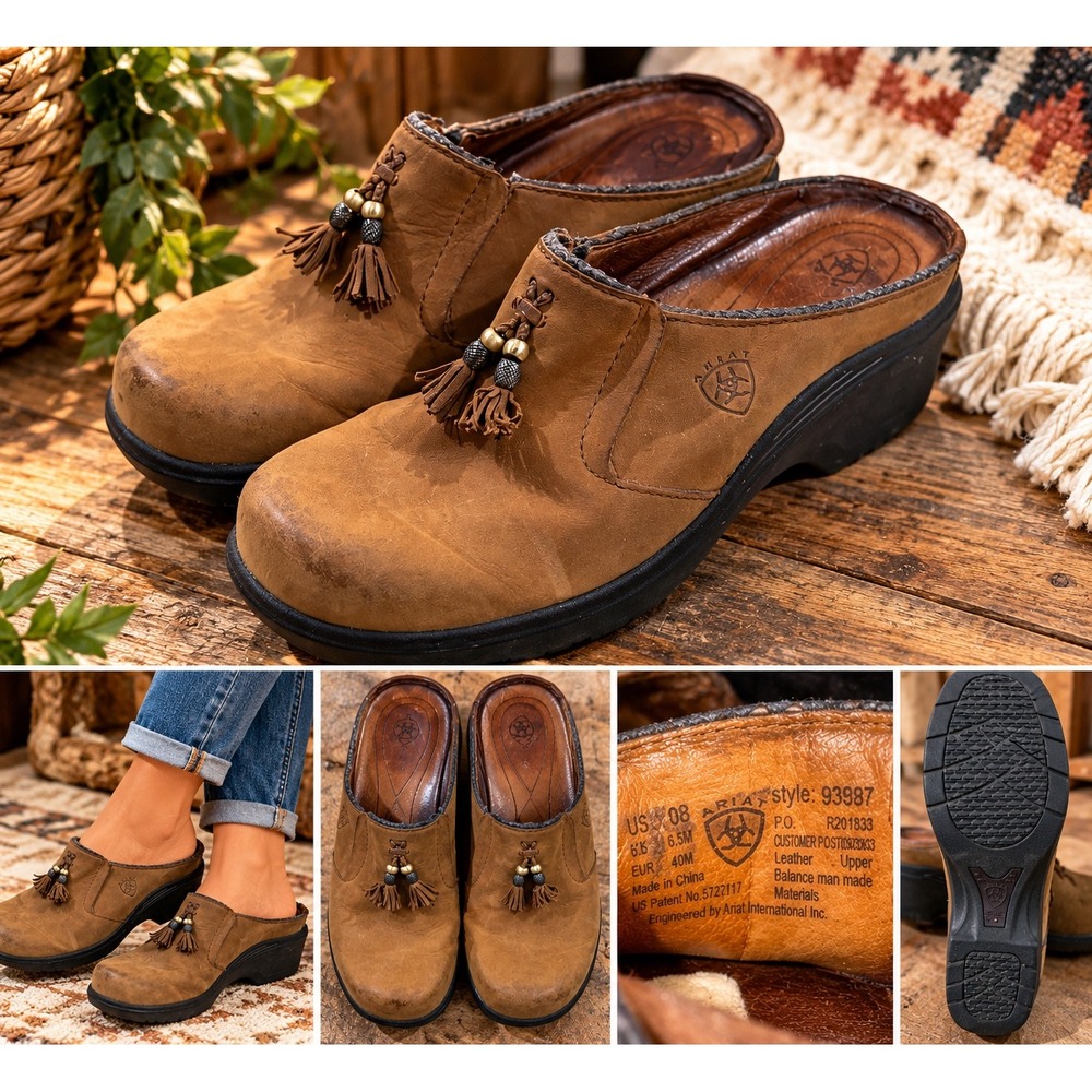 Ariat Womens Brown Leather Tassel Clogs Mules Shoes Style 93897 Size 9B boho